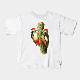 Red tufted finch on tree trunk Kids T-Shirt